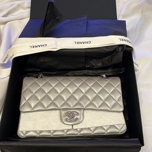 Chanel classic double flap silver